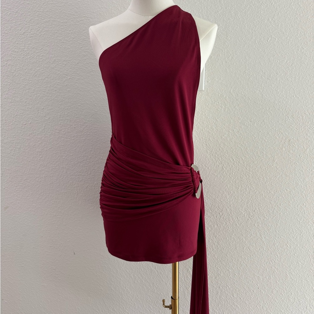 One-Shoulder Ruched Mini Dress in Burgundy